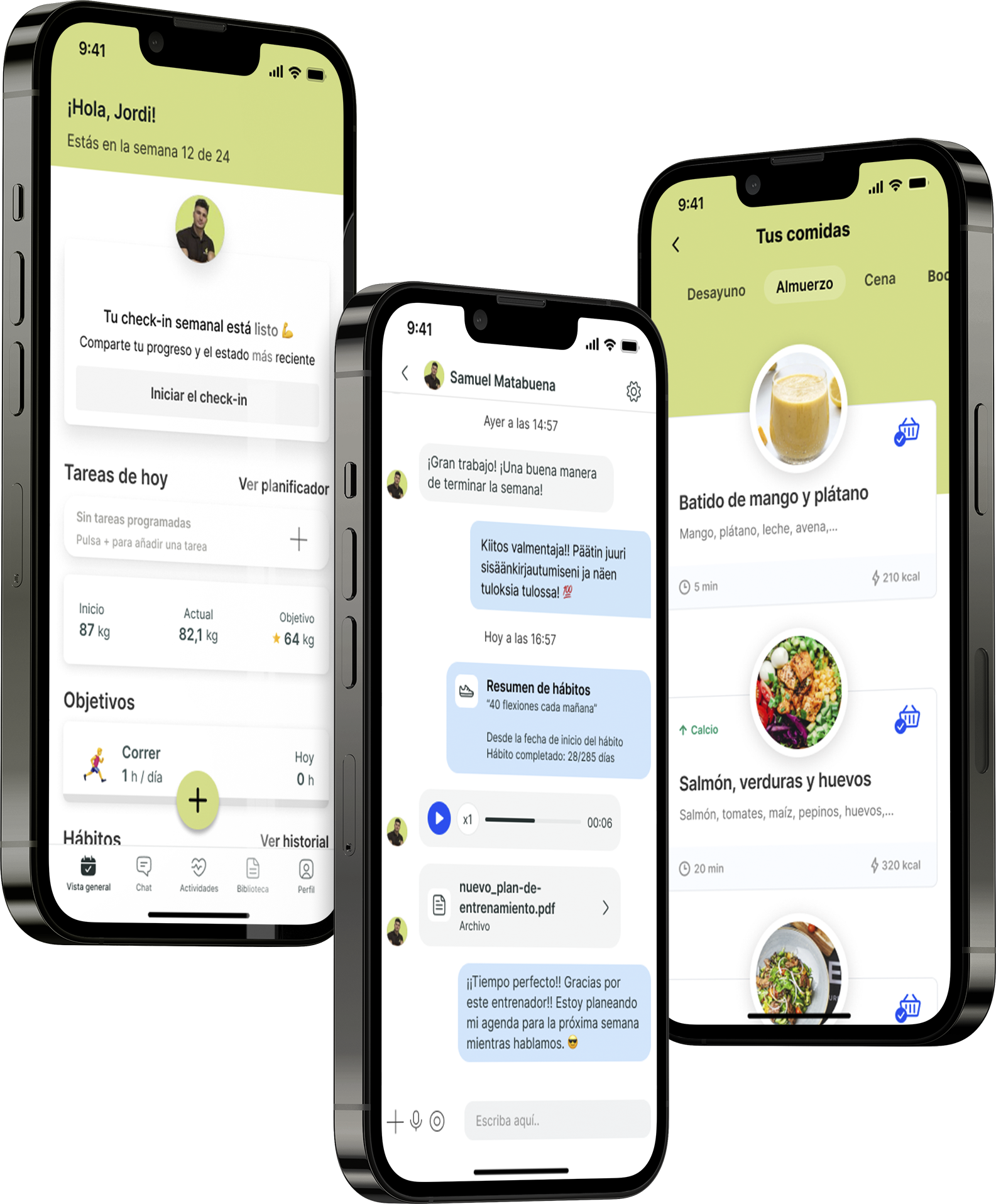 Un mockup de la app de coaching mostrando las funciones.